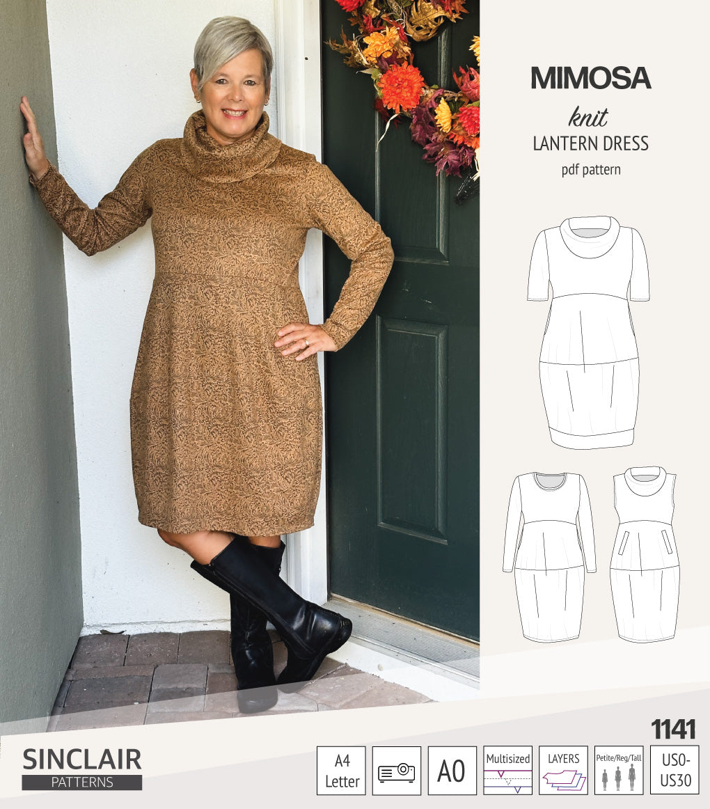 Mimosa lantern style knit dress with a cowl and pockets (PDF
