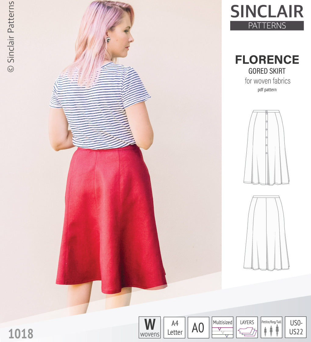 Pdf sewing pattern S1018 Florence 8 gored skirt with buttons or zipper for woven fabrics by Sinclair Patterns