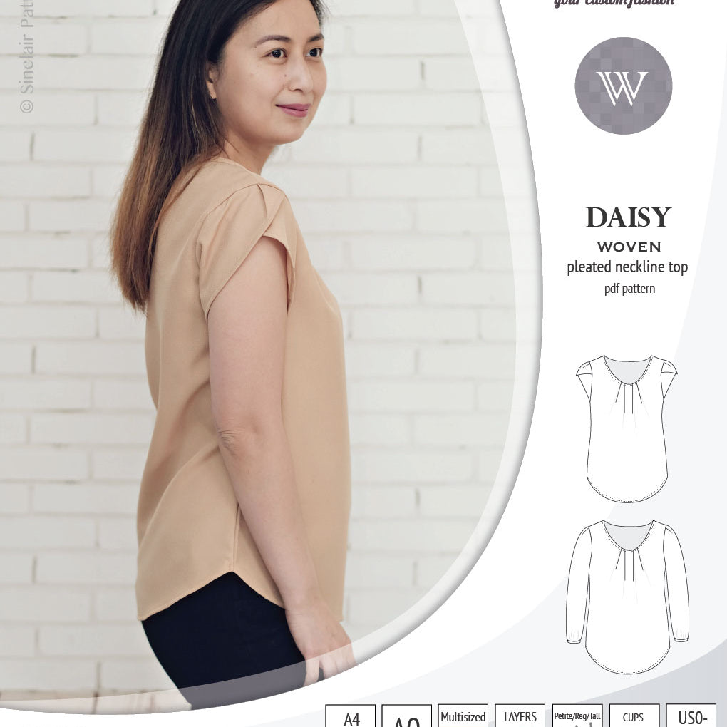 Pdf sewing pattern Daisy woven blouse top with pleated neckline and petal sleeves Sinclair Patterns