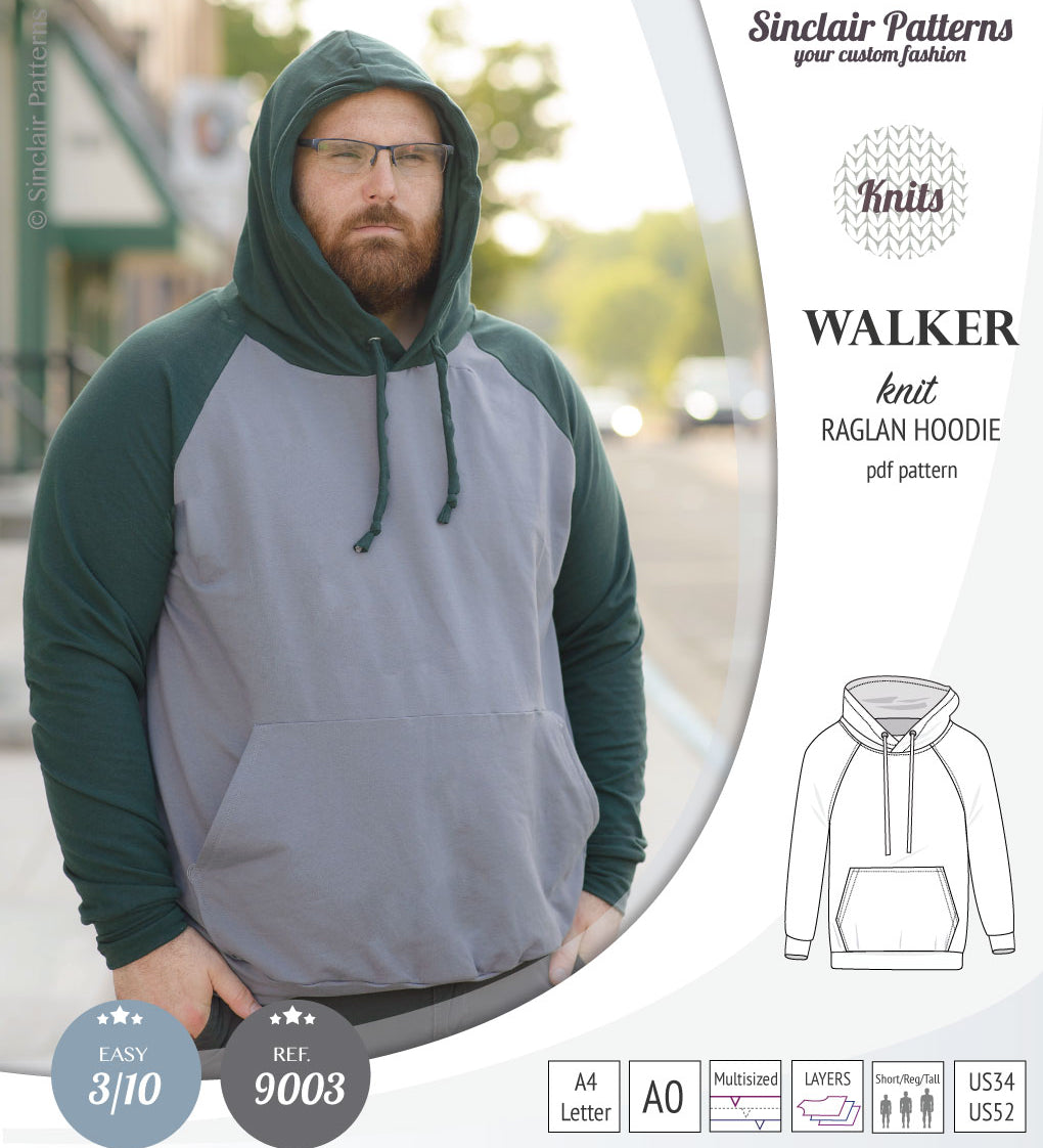 Sewing pattern pdf S9003 Walker knit raglan hoodie for men by Sinclair Patterns