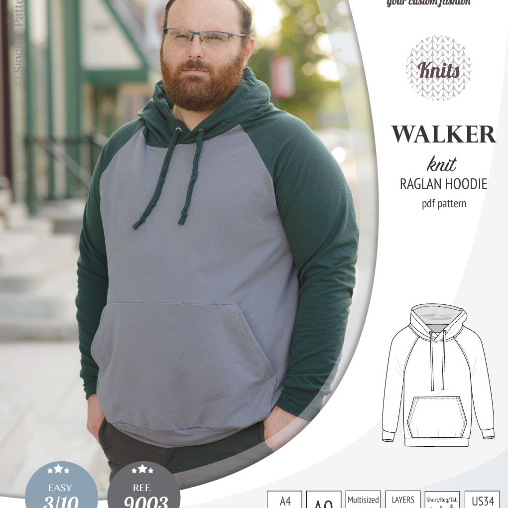 Sewing pattern pdf S9003 Walker knit raglan hoodie for men by Sinclair Patterns