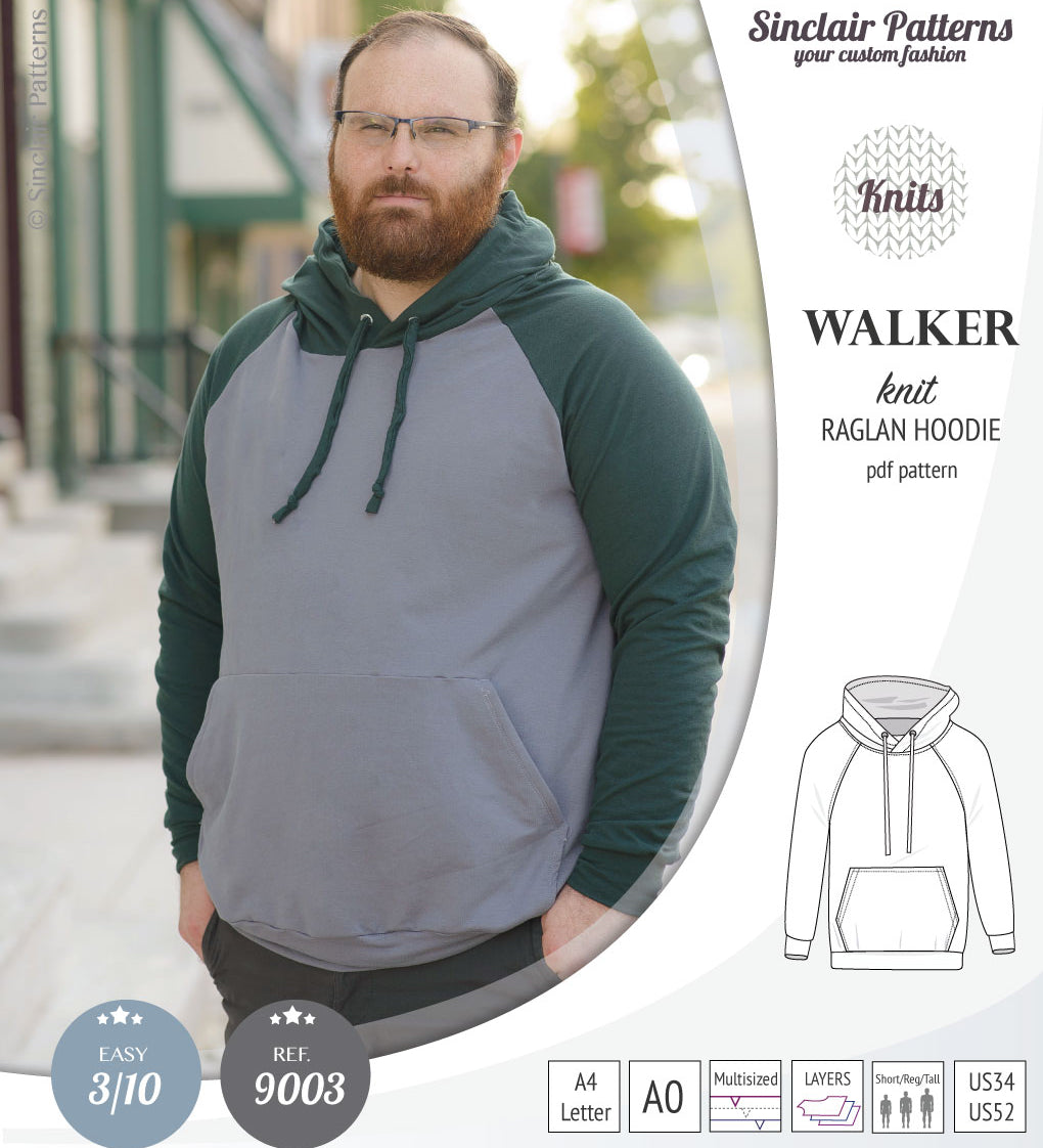 Sewing pattern pdf S9003 Walker knit raglan hoodie for men by Sinclair Patterns