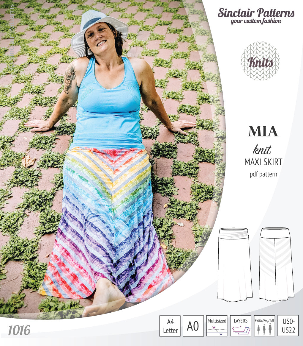 Mia knit maxi skirt with side slits and yoga style waistband PDF Sinclair Patterns