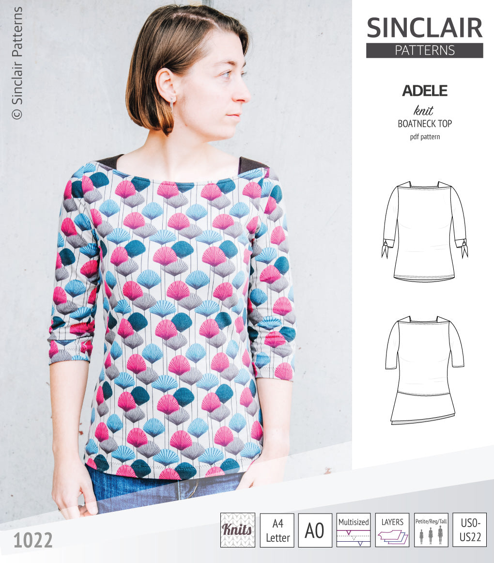 Pdf sewing pattern S1022 Adele knit boatneck top with shoulder inserts and tied sleeves by Sinclair Patterns