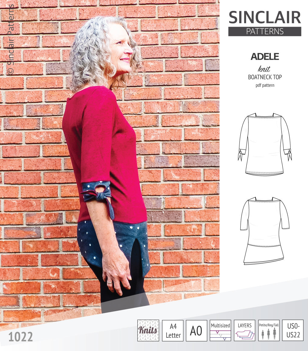 Pdf sewing pattern S1022 Adele knit boatneck top with shoulder inserts and tied sleeves by Sinclair Patterns