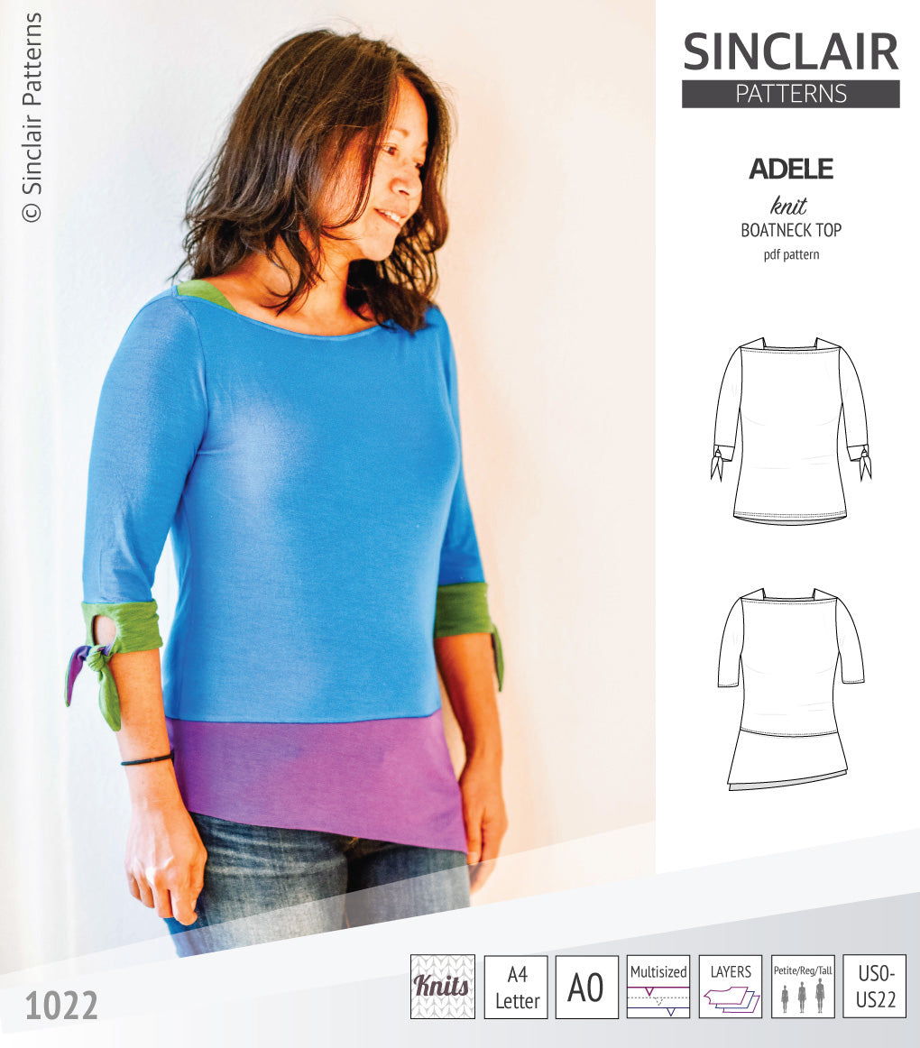 Pdf sewing pattern S1022 Adele knit boatneck top with shoulder inserts and tied sleeves by Sinclair Patterns