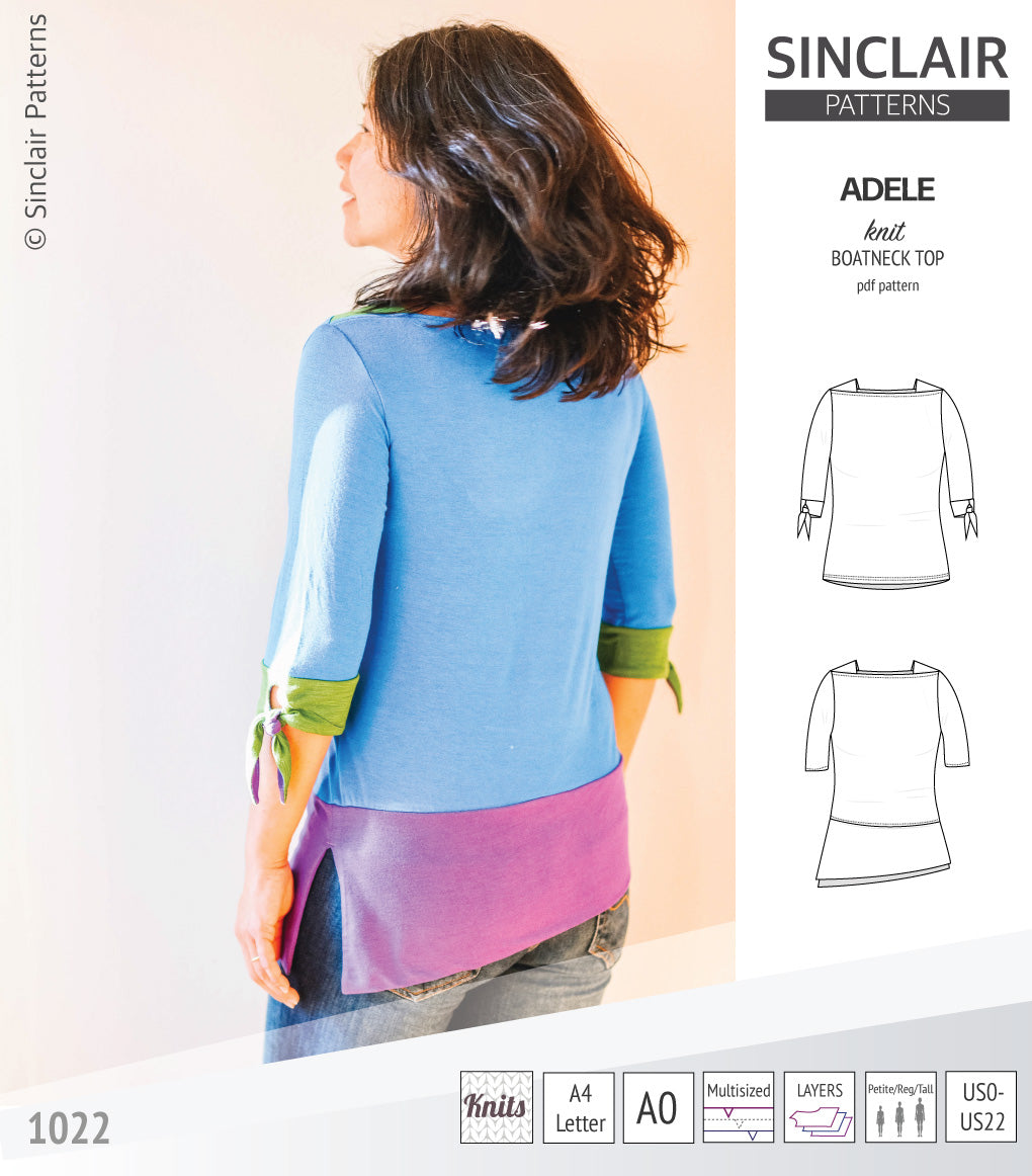 Pdf sewing pattern S1022 Adele knit boatneck top with shoulder inserts and tied sleeves by Sinclair Patterns