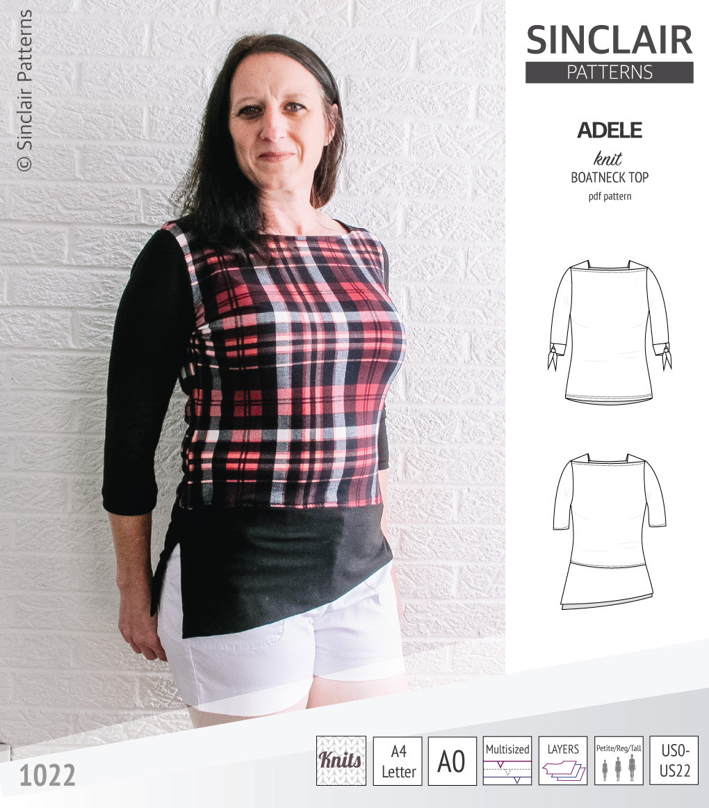 Pdf sewing pattern S1022 Adele knit boatneck top with shoulder inserts and tied sleeves by Sinclair Patterns