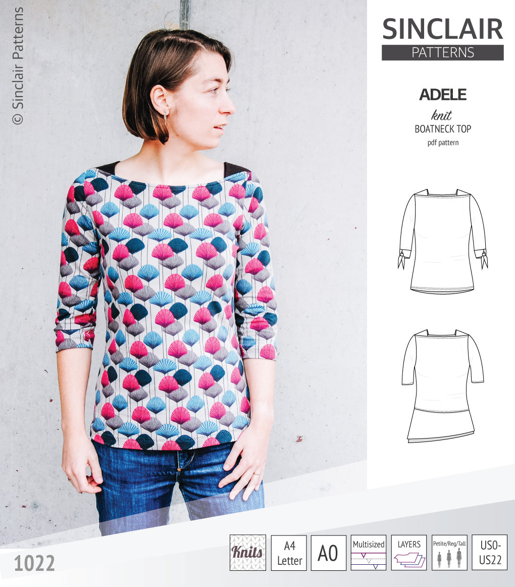 Pdf sewing pattern S1022 Adele knit boatneck top with shoulder inserts and tied sleeves by Sinclair Patterns