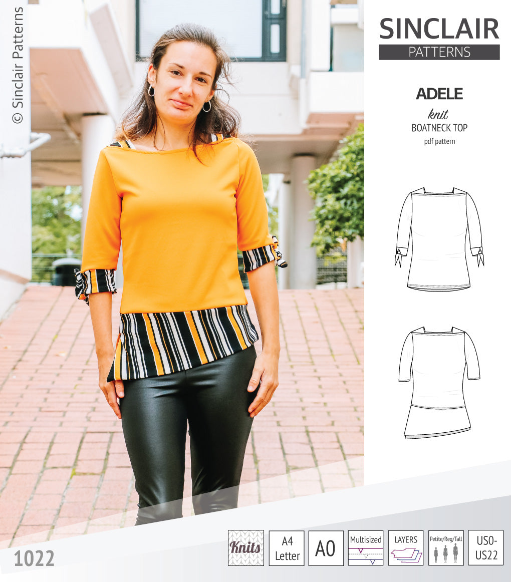 Pdf sewing pattern S1022 Adele knit boatneck top with shoulder inserts and tied sleeves by Sinclair Patterns