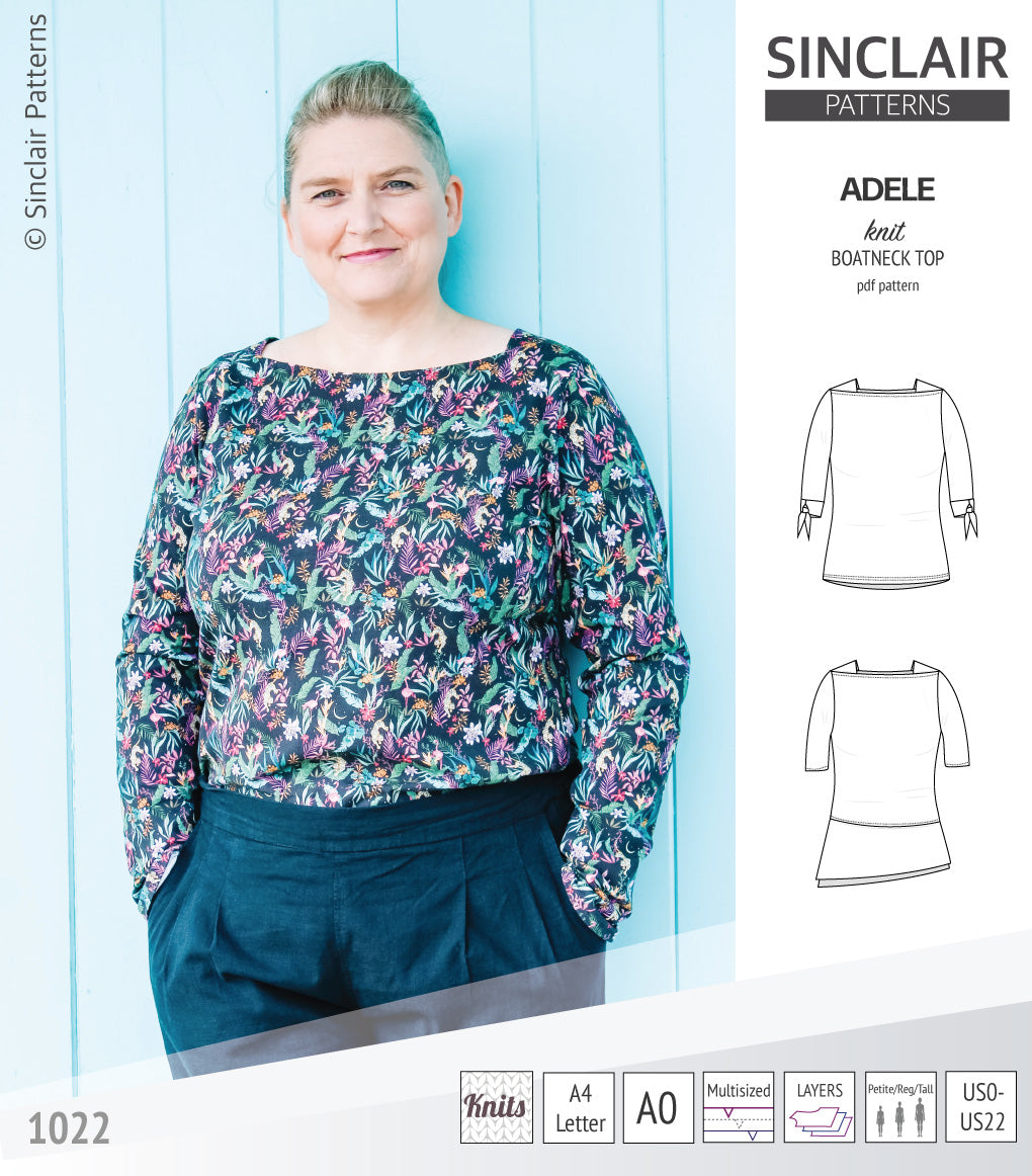 Pdf sewing pattern S1022 Adele knit boatneck top with shoulder inserts and tied sleeves by Sinclair Patterns