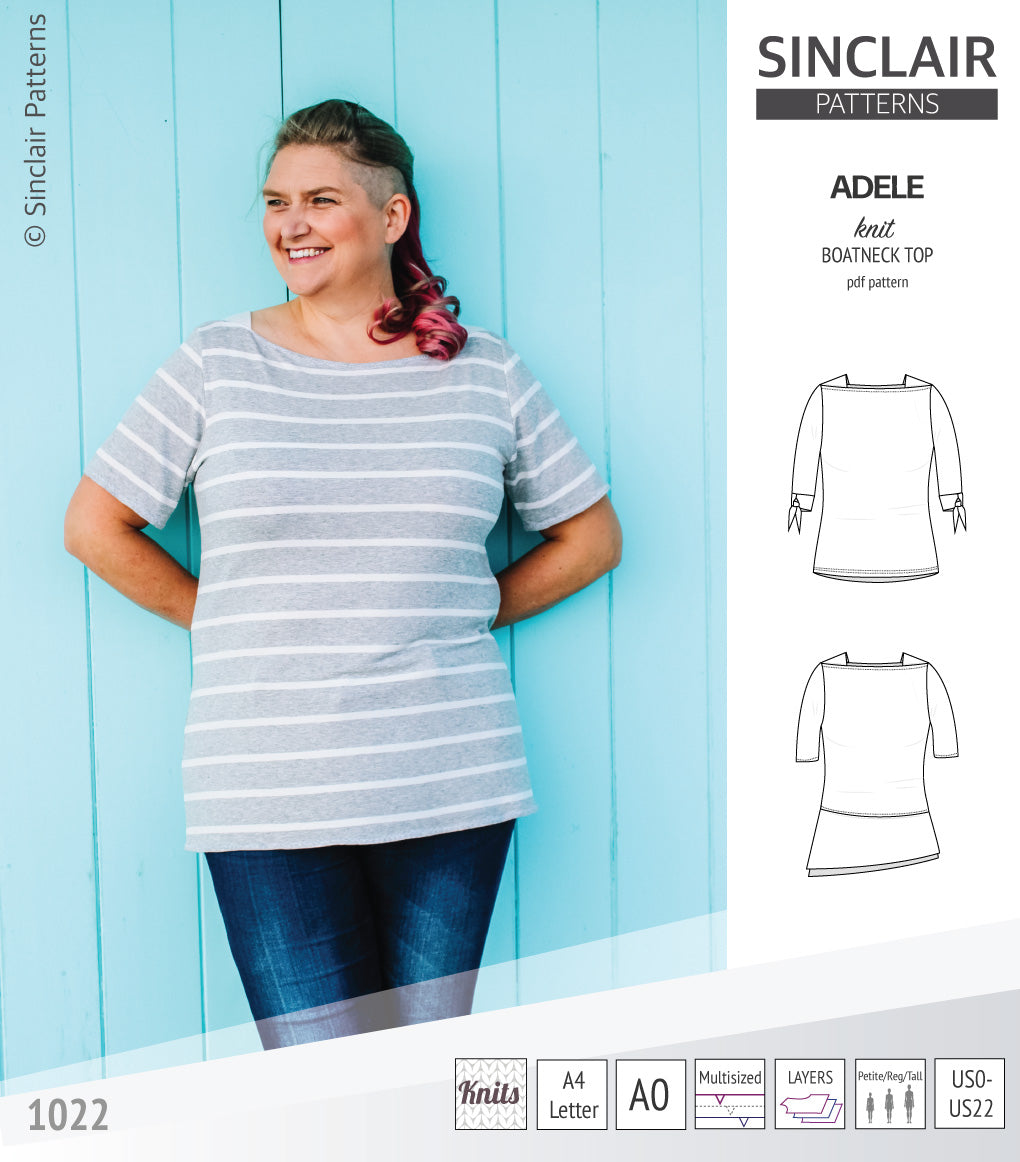 Pdf sewing pattern S1022 Adele knit boatneck top with shoulder inserts and tied sleeves by Sinclair Patterns