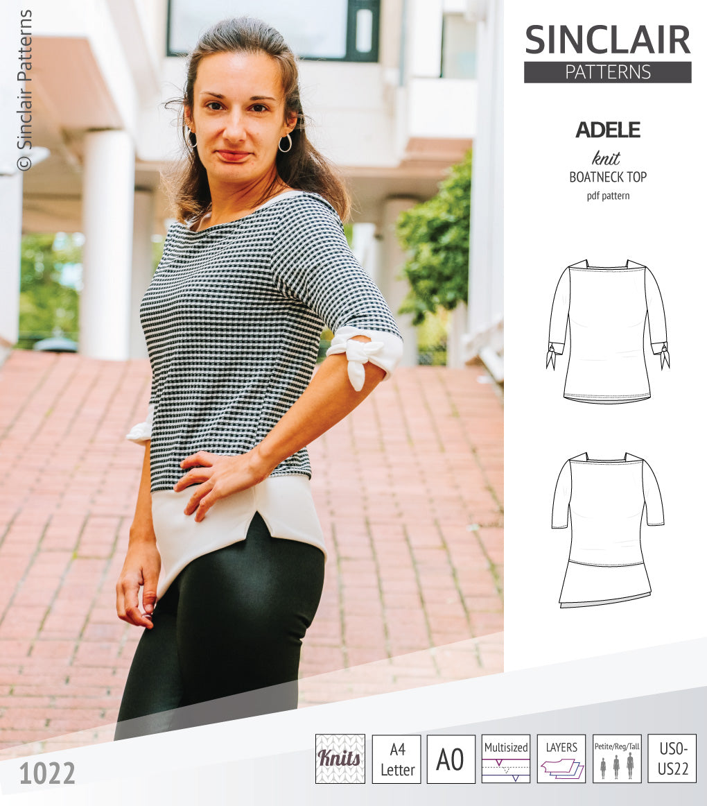 Pdf sewing pattern S1022 Adele knit boatneck top with shoulder inserts and tied sleeves by Sinclair Patterns