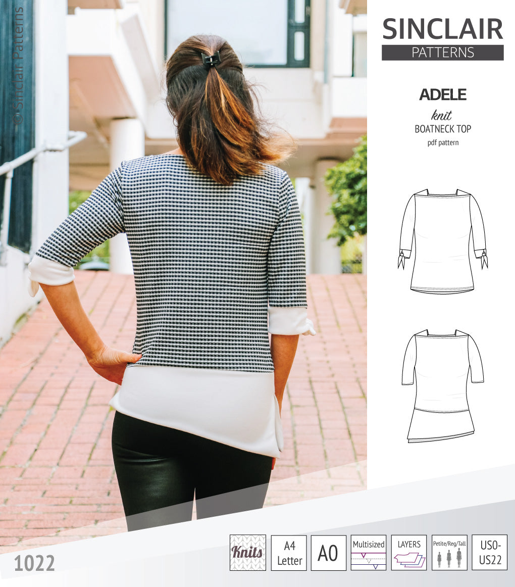 Pdf sewing pattern S1022 Adele knit boatneck top with shoulder inserts and tied sleeves by Sinclair Patterns