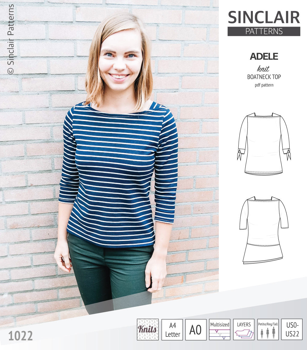 Pdf sewing pattern S1022 Adele knit boatneck top with shoulder inserts and tied sleeves by Sinclair Patterns