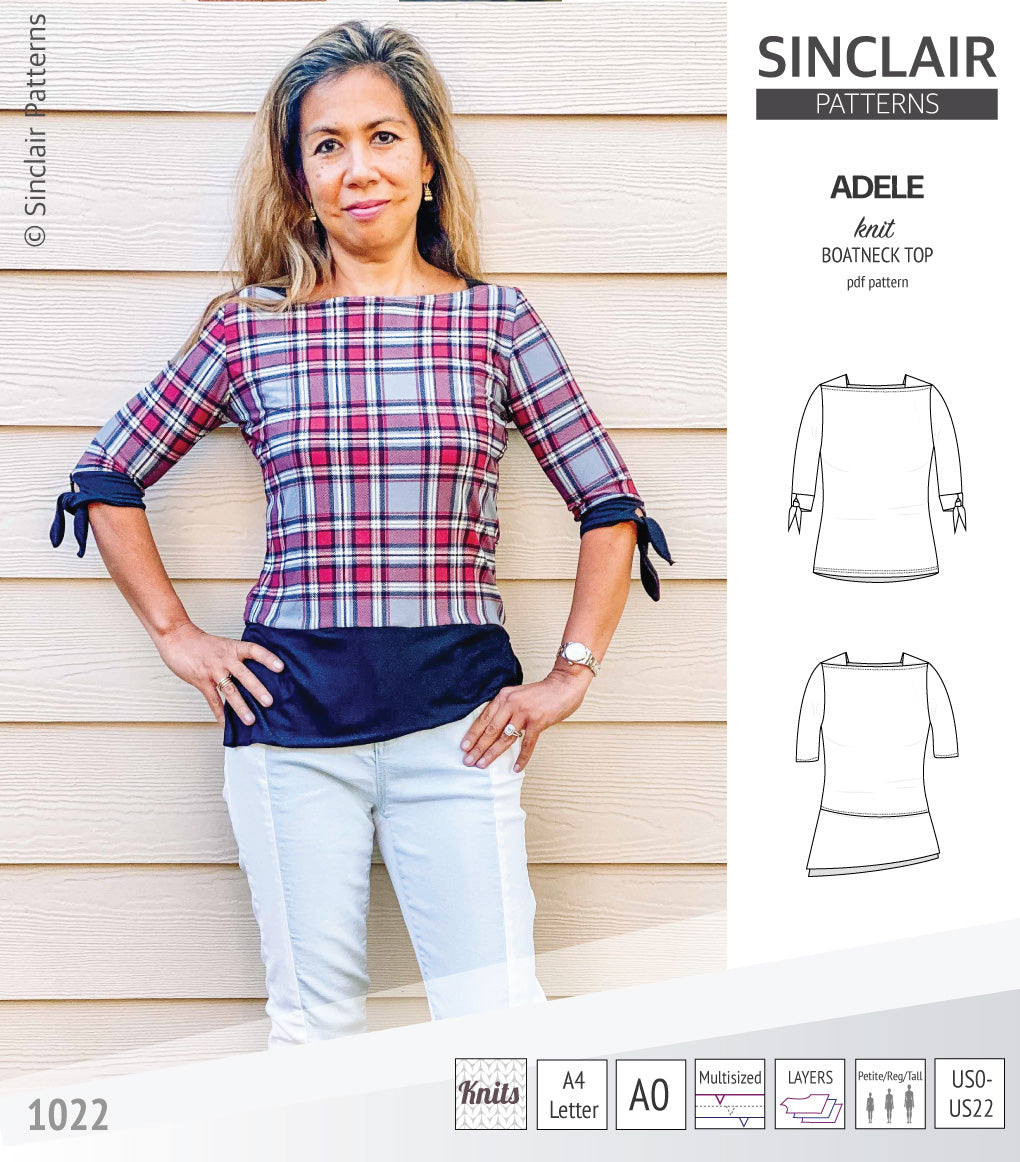 Pdf sewing pattern S1022 Adele knit boatneck top with shoulder inserts and tied sleeves by Sinclair Patterns