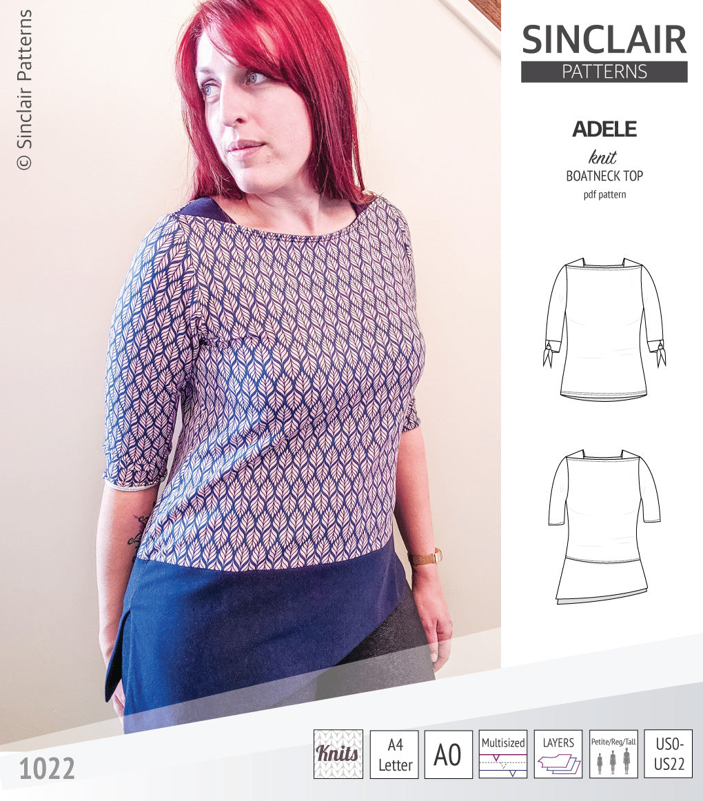 Pdf sewing pattern S1022 Adele knit boatneck top with shoulder inserts and tied sleeves by Sinclair Patterns