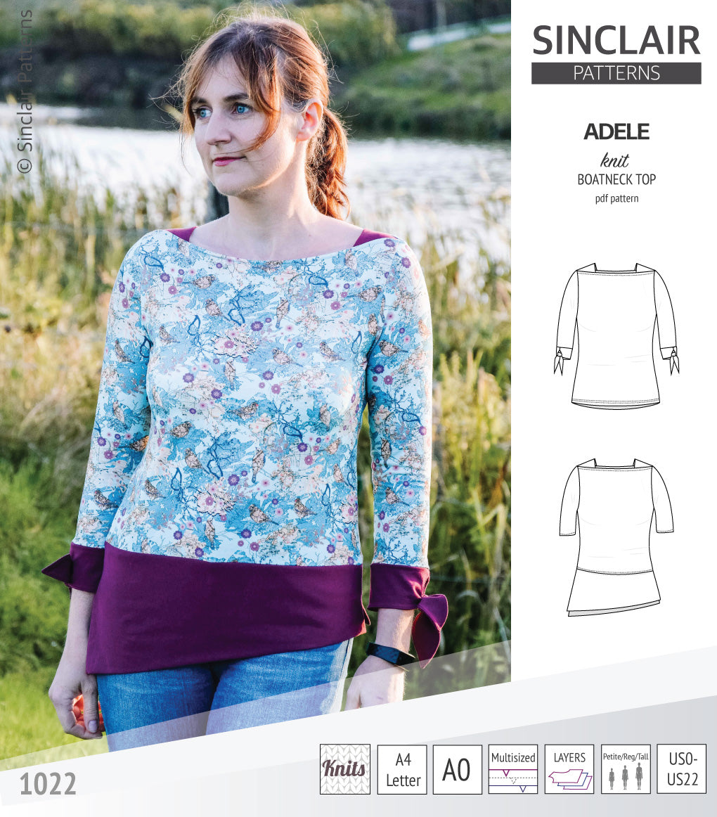 Pdf sewing pattern S1022 Adele knit boatneck top with shoulder inserts and tied sleeves by Sinclair Patterns