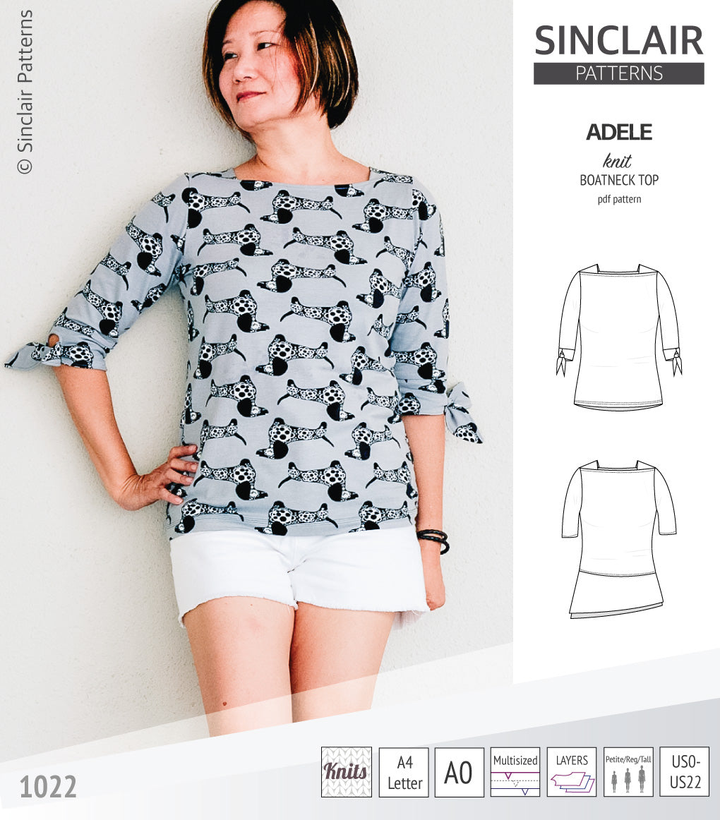 Pdf sewing pattern S1022 Adele knit boatneck top with shoulder inserts and tied sleeves by Sinclair Patterns