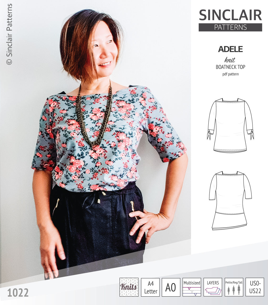 Pdf sewing pattern S1022 Adele knit boatneck top with shoulder inserts and tied sleeves by Sinclair Patterns