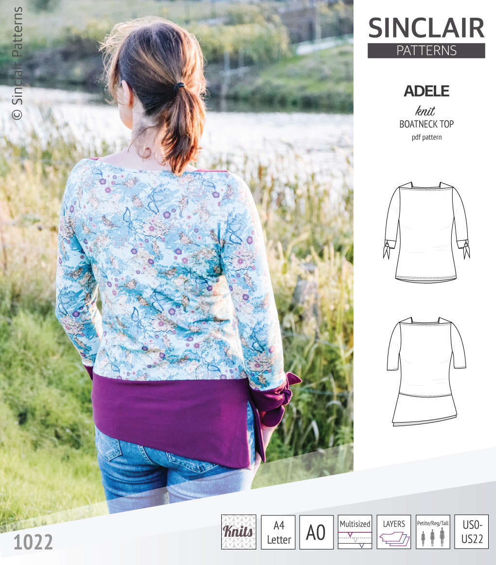 Pdf sewing pattern S1022 Adele knit boatneck top with shoulder inserts and tied sleeves by Sinclair Patterns