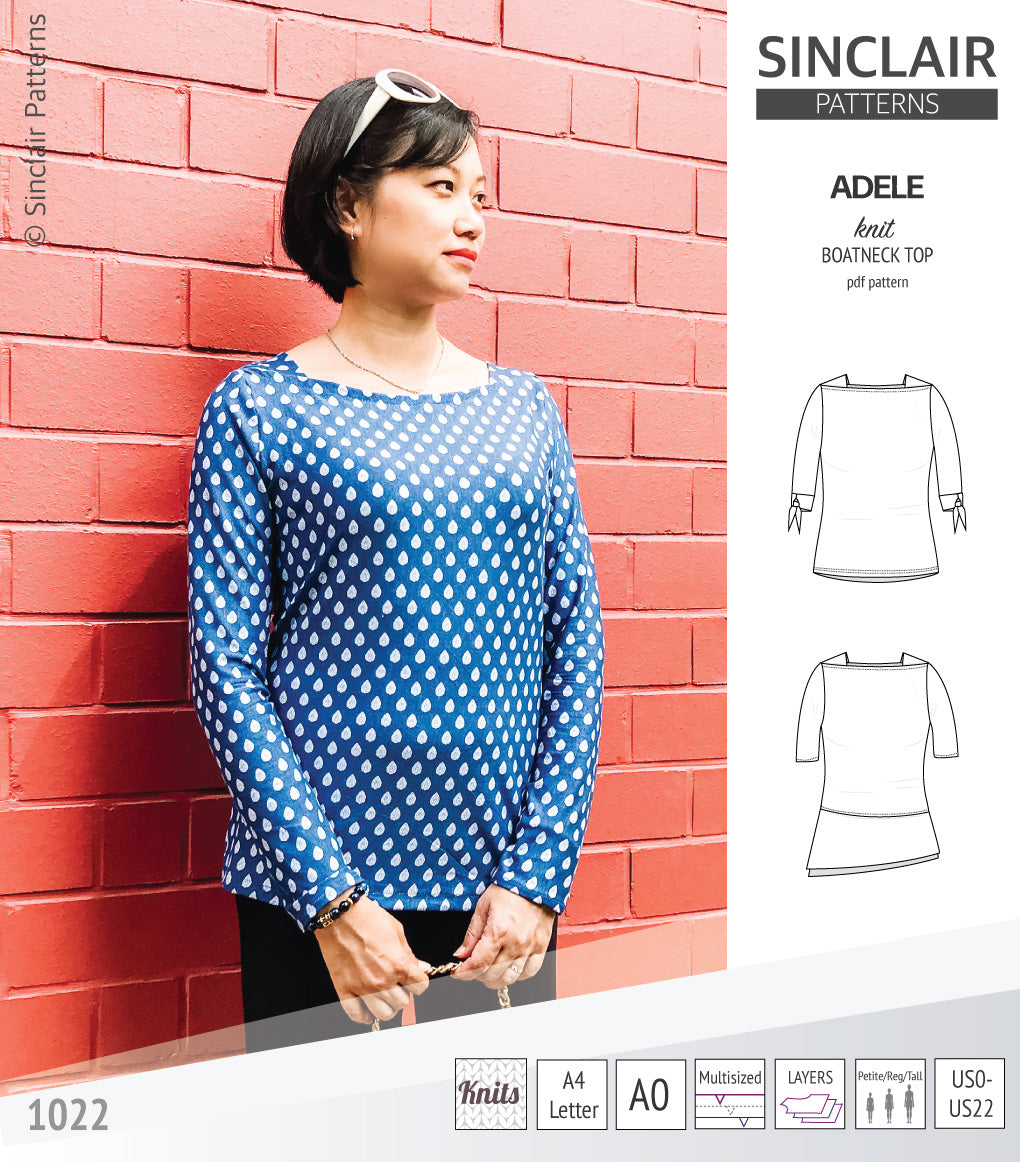 Pdf sewing pattern S1022 Adele knit boatneck top with shoulder inserts and tied sleeves by Sinclair Patterns