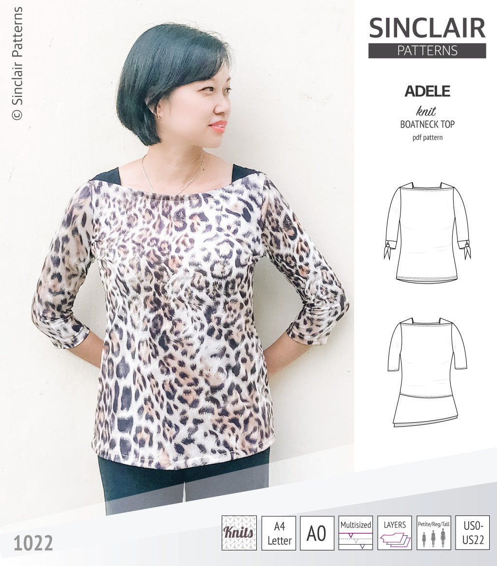 Pdf sewing pattern S1022 Adele knit boatneck top with shoulder inserts and tied sleeves by Sinclair Patterns