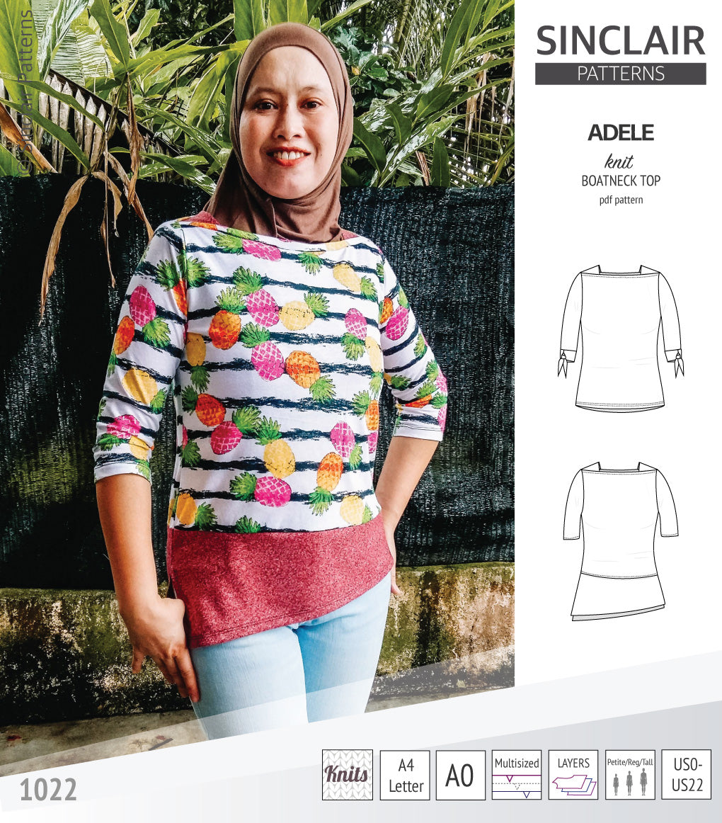 Pdf sewing pattern S1022 Adele knit boatneck top with shoulder inserts and tied sleeves by Sinclair Patterns