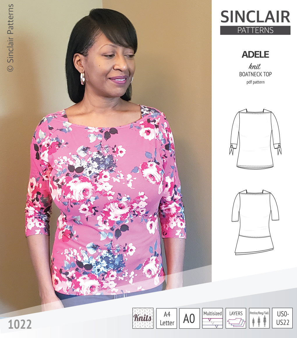 Pdf sewing pattern S1022 Adele knit boatneck top with shoulder inserts and tied sleeves by Sinclair Patterns