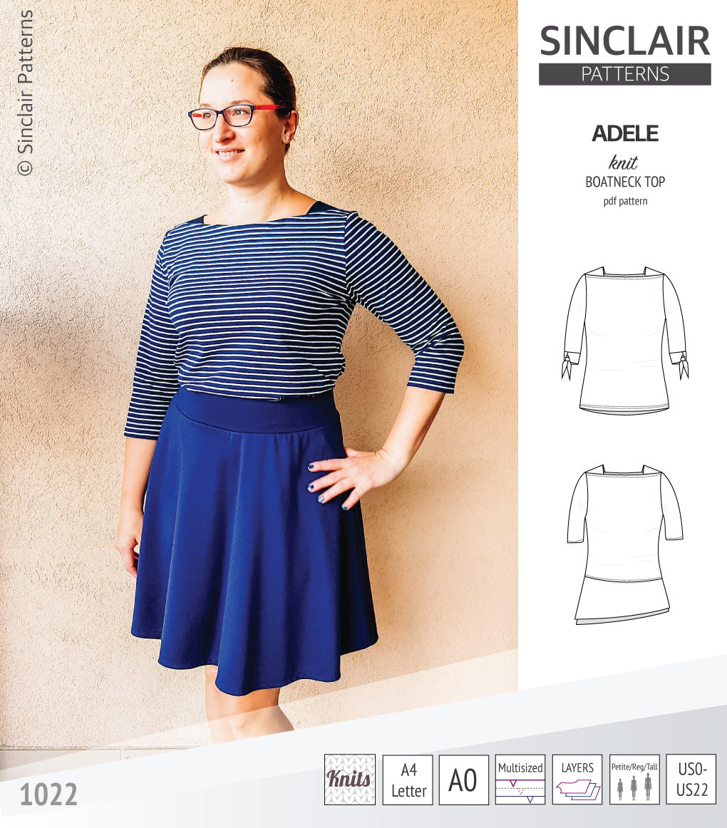 Pdf sewing pattern S1022 Adele knit boatneck top with shoulder inserts and tied sleeves by Sinclair Patterns