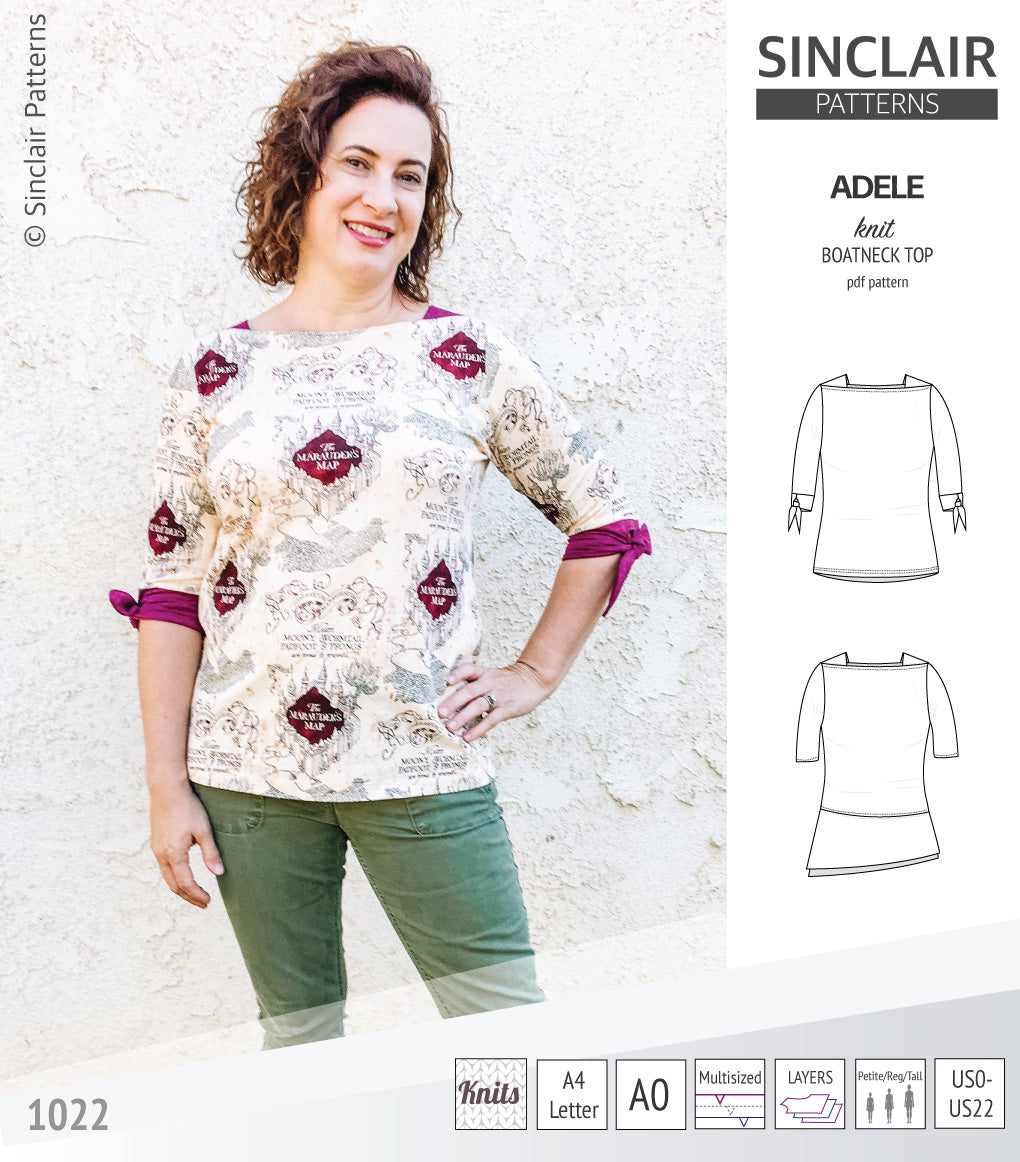 Pdf sewing pattern S1022 Adele knit boatneck top with shoulder inserts and tied sleeves by Sinclair Patterns