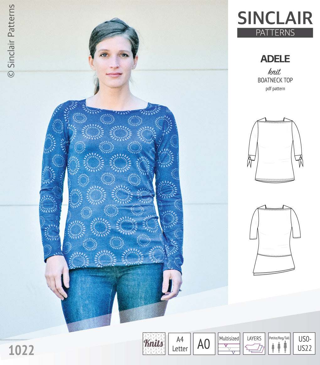 Pdf sewing pattern S1022 Adele knit boatneck top with shoulder inserts and tied sleeves by Sinclair Patterns