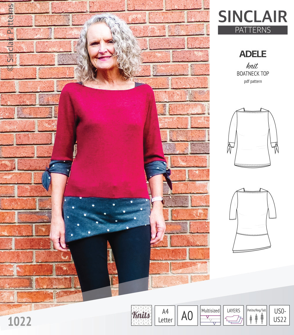 Pdf sewing pattern S1022 Adele knit boatneck top with shoulder inserts and tied sleeves by Sinclair Patterns