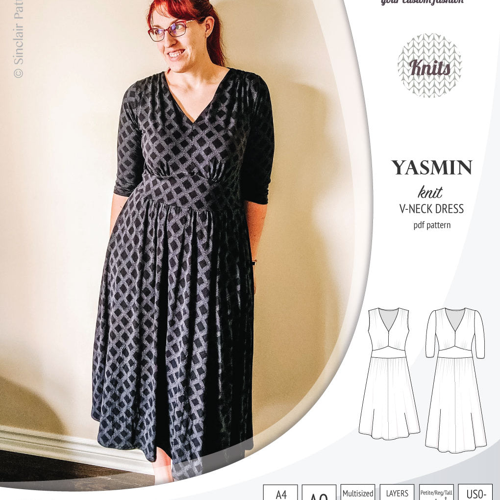 Pdf sewing patterns - S1025 Yasmin knit V neck dress with gathered or flared skirt by Sinclair Patterns 