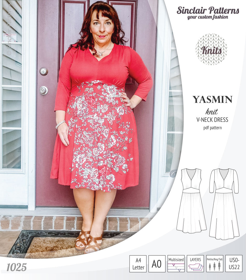 Pdf sewing patterns - S1025 Yasmin knit V neck dress with gathered or flared skirt by Sinclair Patterns 