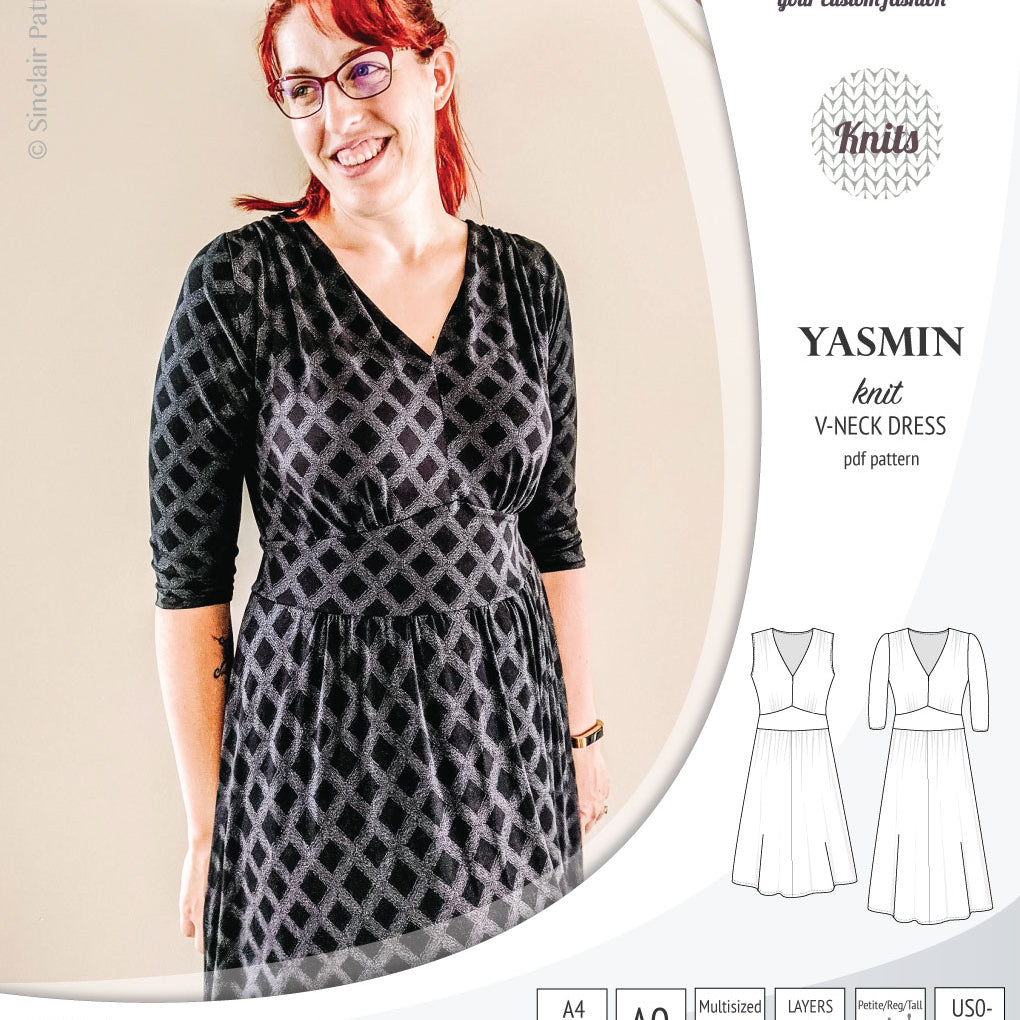 Pdf sewing patterns - S1025 Yasmin knit V neck dress with gathered or flared skirt by Sinclair Patterns 