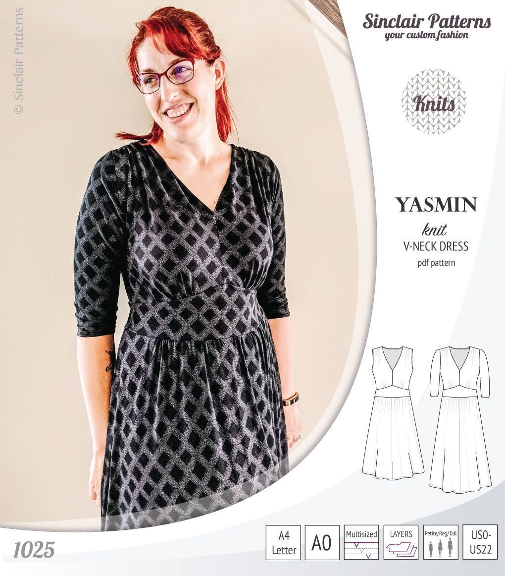 Pdf sewing patterns - S1025 Yasmin knit V neck dress with gathered or flared skirt by Sinclair Patterns 