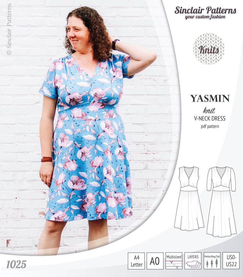 Pdf sewing patterns - S1025 Yasmin knit V neck dress with gathered or flared skirt by Sinclair Patterns 