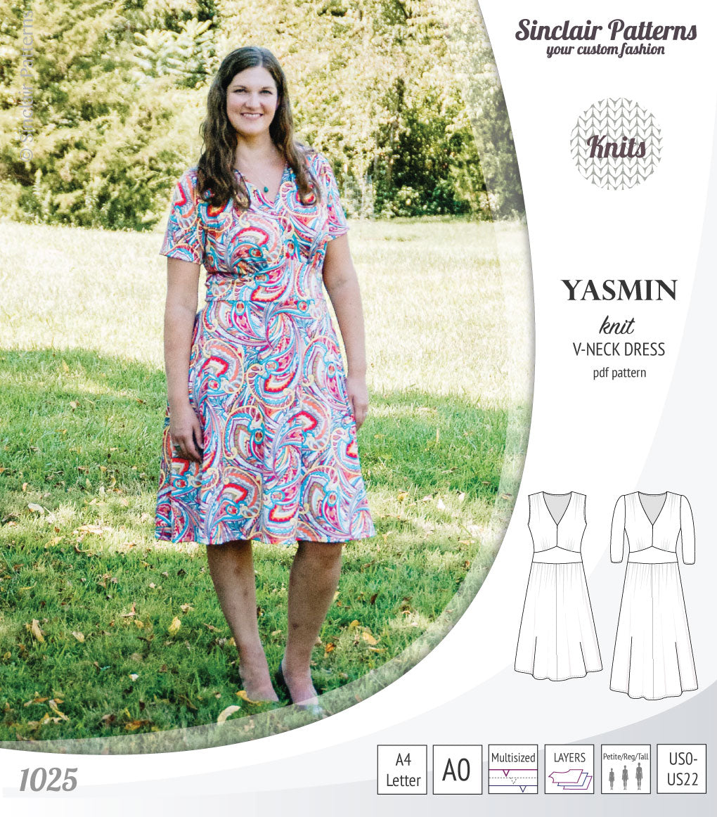 Pdf sewing patterns - S1025 Yasmin knit V neck dress with gathered or flared skirt by Sinclair Patterns 