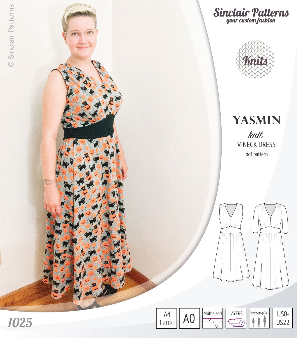 Pdf sewing patterns - S1025 Yasmin knit V neck dress with gathered or flared skirt by Sinclair Patterns 