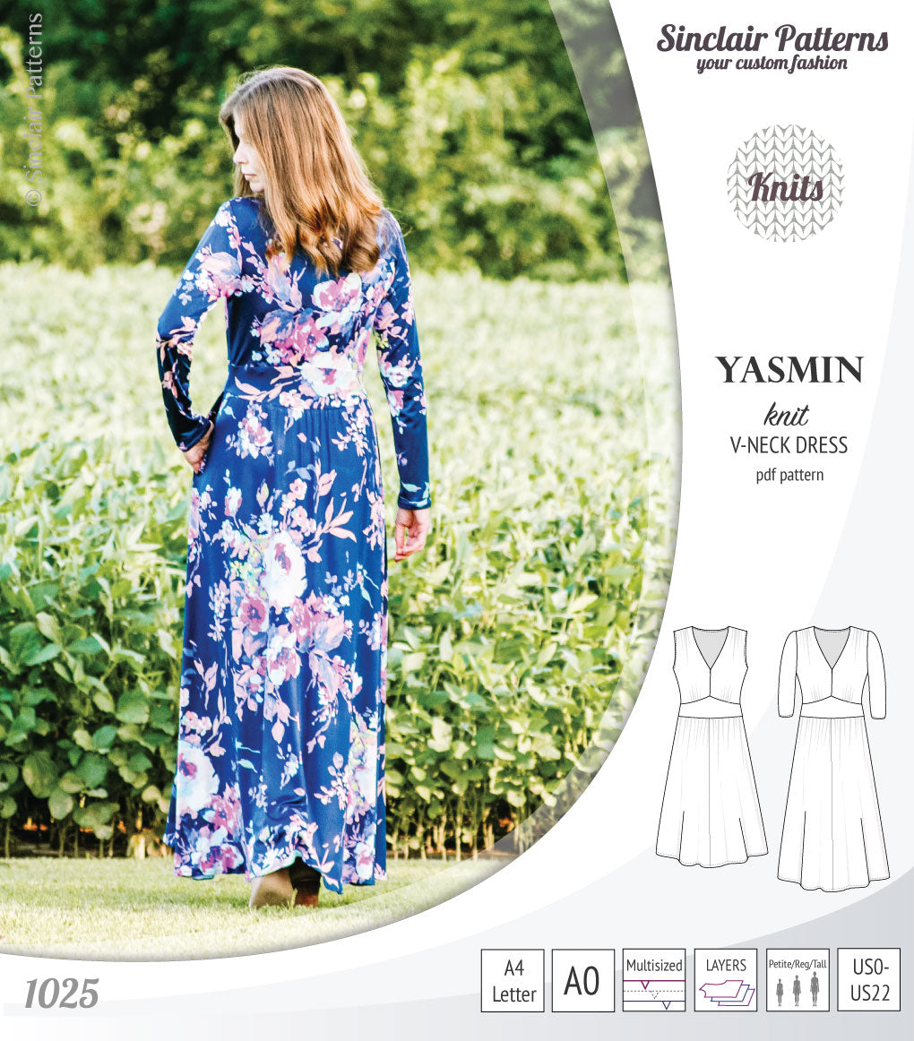 Pdf sewing patterns - S1025 Yasmin knit V neck dress with gathered or flared skirt by Sinclair Patterns 