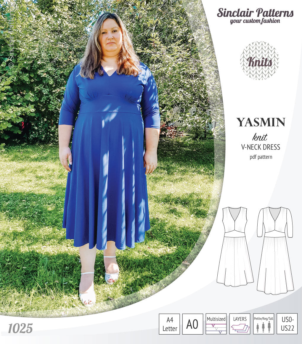 Pdf sewing patterns - S1025 Yasmin knit V neck dress with gathered or flared skirt by Sinclair Patterns 