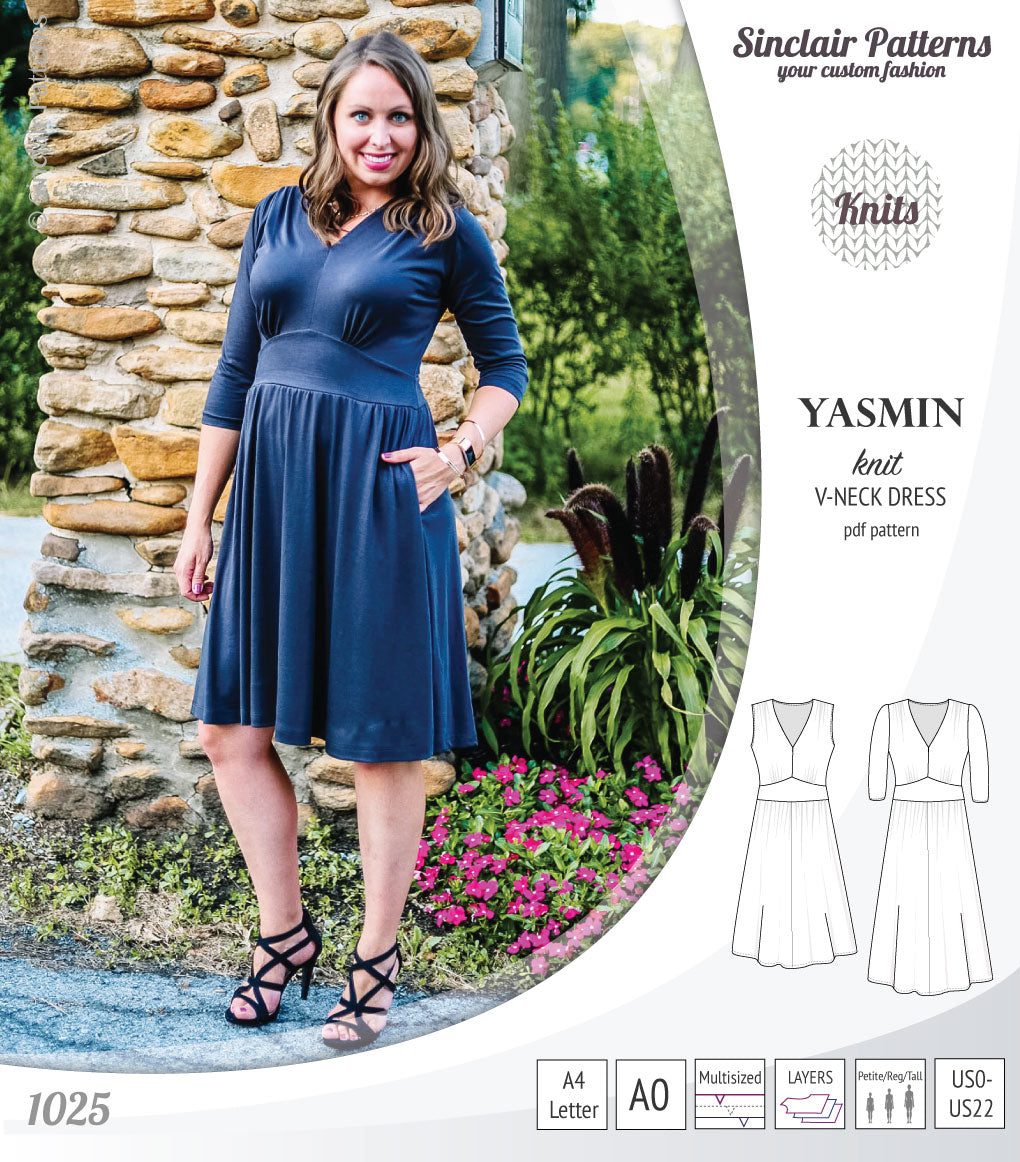 Pdf sewing patterns - S1025 Yasmin knit V neck dress with gathered or flared skirt by Sinclair Patterns 