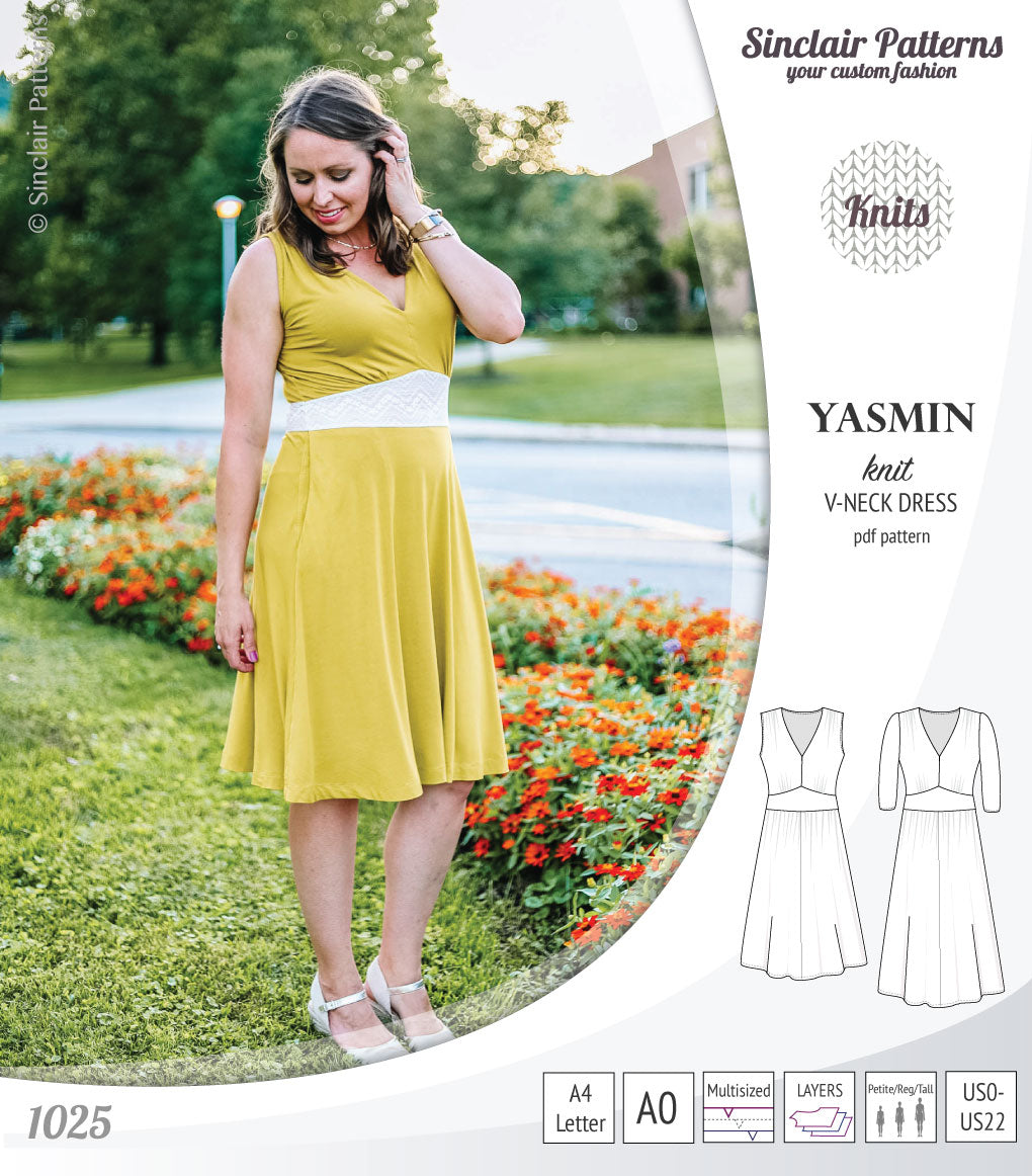 Pdf sewing patterns - S1025 Yasmin knit V neck dress with gathered or flared skirt by Sinclair Patterns 