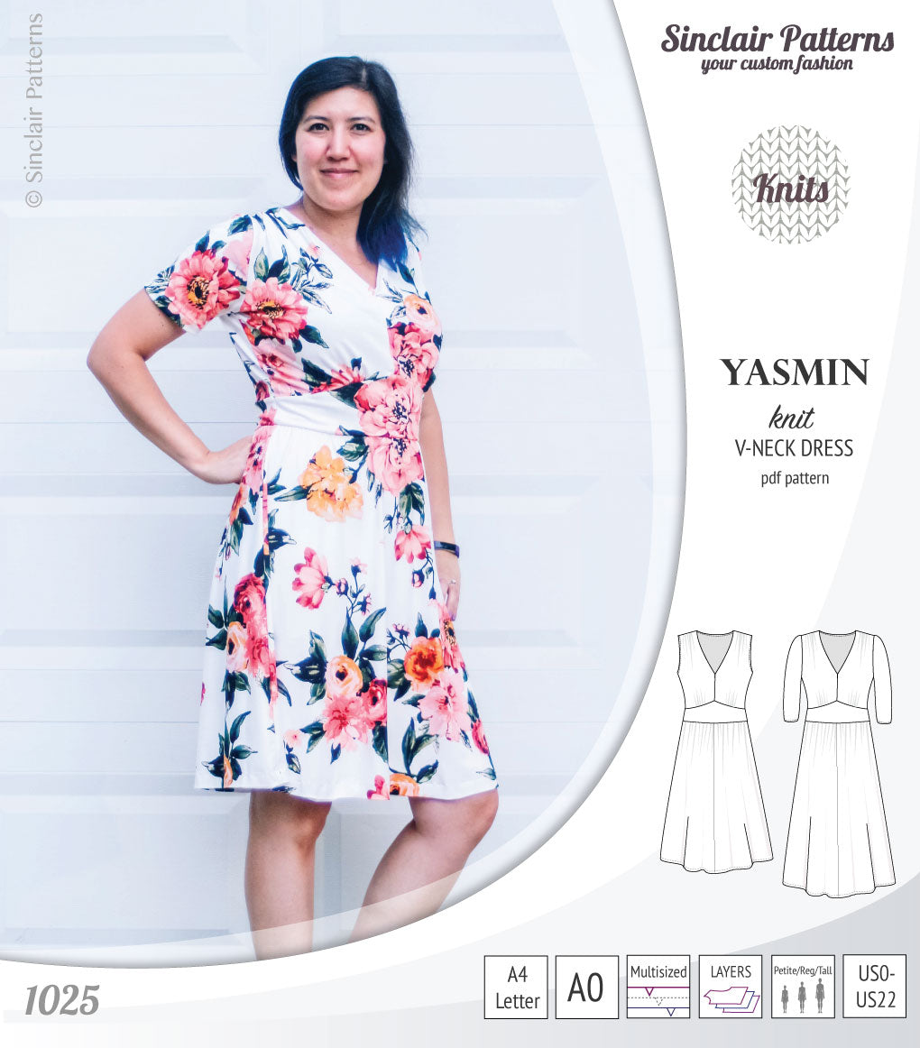 Pdf sewing patterns - S1025 Yasmin knit V neck dress with gathered or flared skirt by Sinclair Patterns 