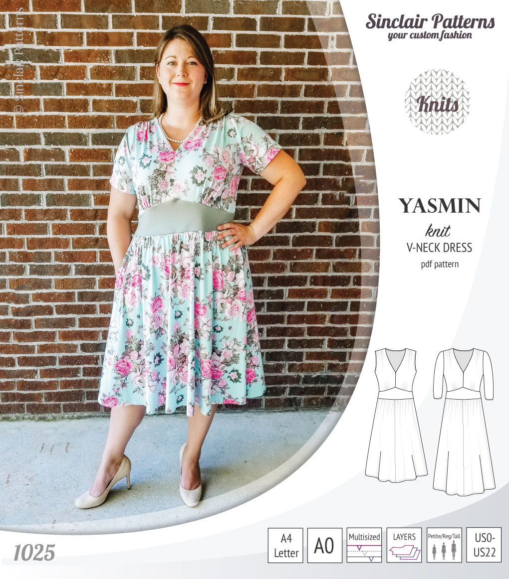 Pdf sewing patterns - S1025 Yasmin knit V neck dress with gathered or flared skirt by Sinclair Patterns 