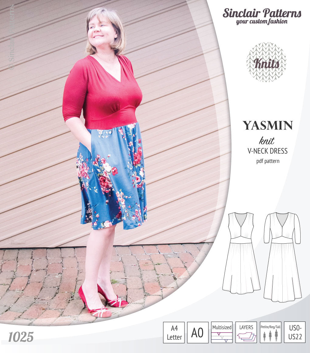 Pdf sewing patterns - S1025 Yasmin knit V neck dress with gathered or flared skirt by Sinclair Patterns 