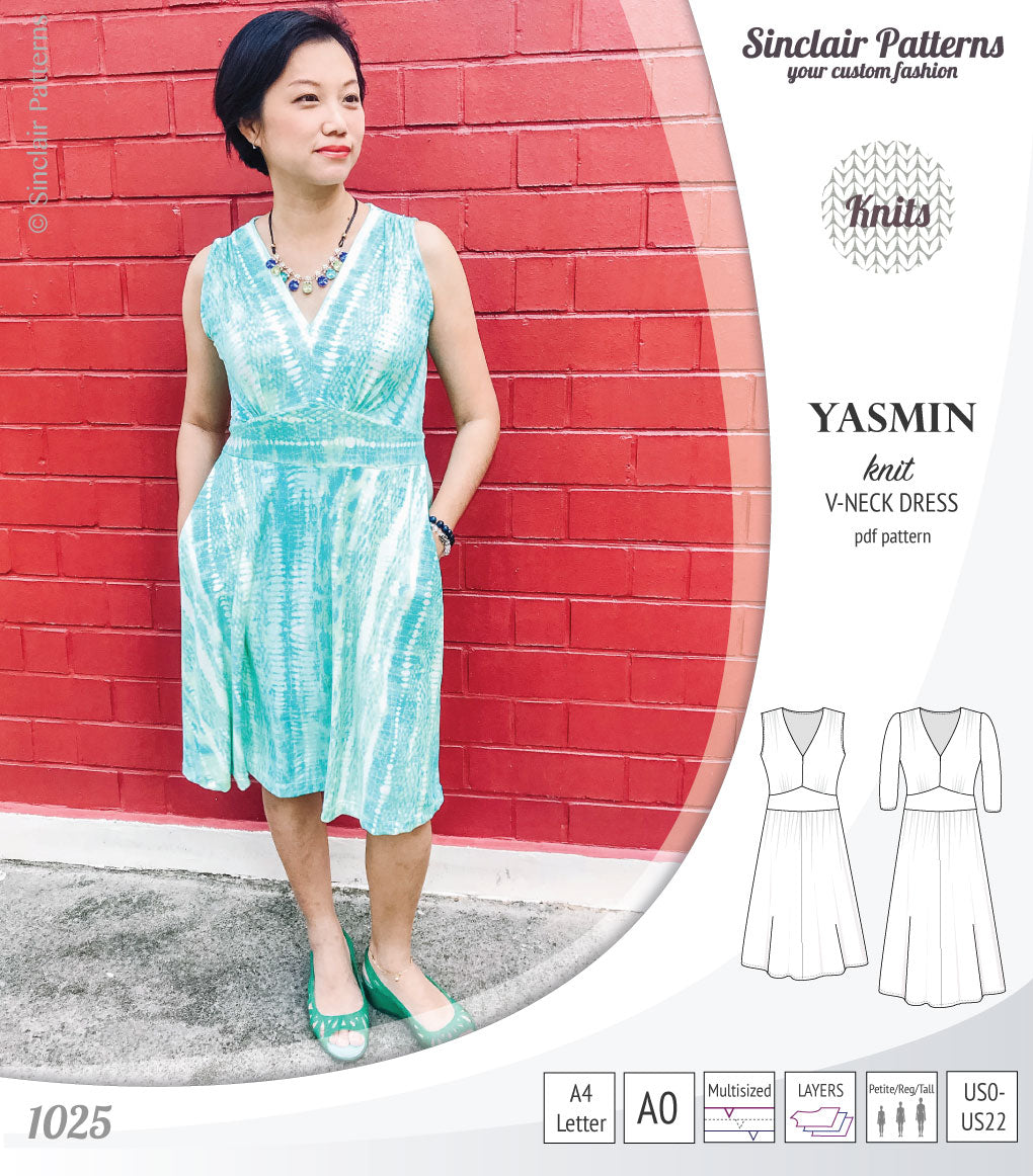 Pdf sewing patterns - S1025 Yasmin knit V neck dress with gathered or flared skirt by Sinclair Patterns 