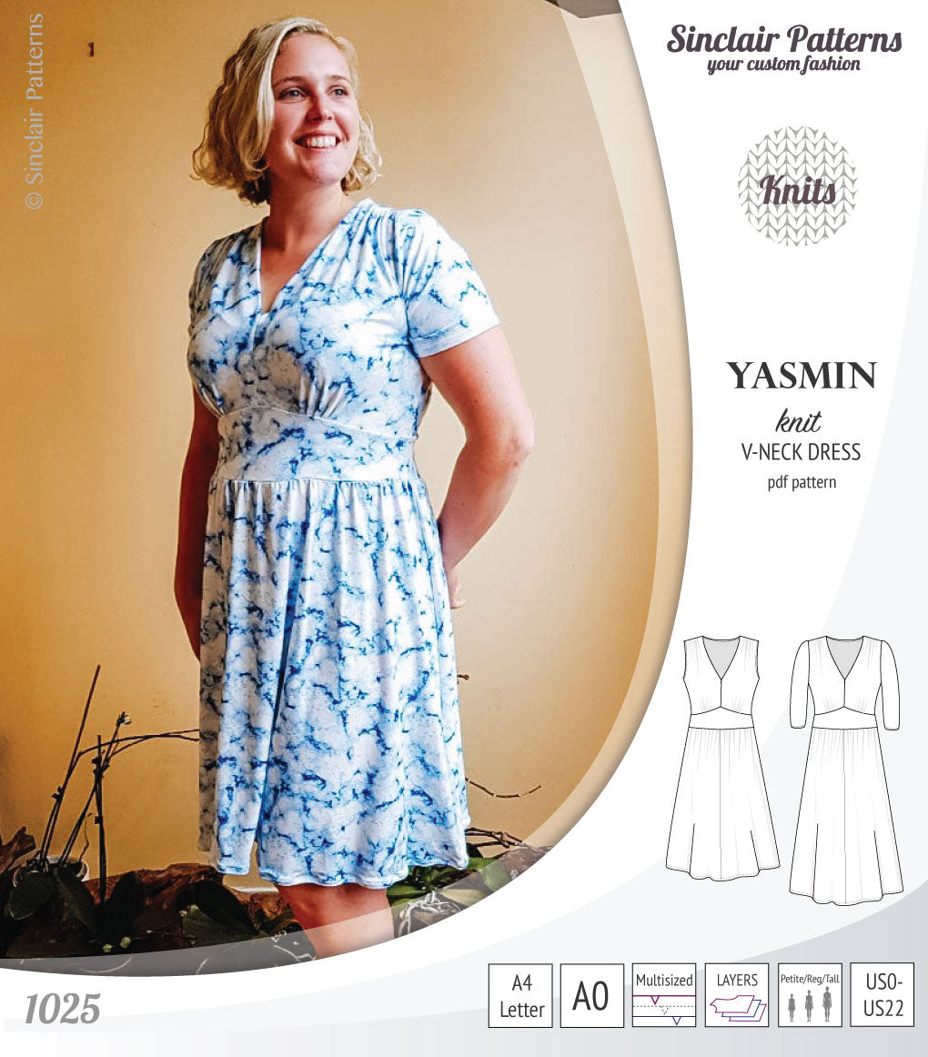 Pdf sewing patterns - S1025 Yasmin knit V neck dress with gathered or flared skirt by Sinclair Patterns 