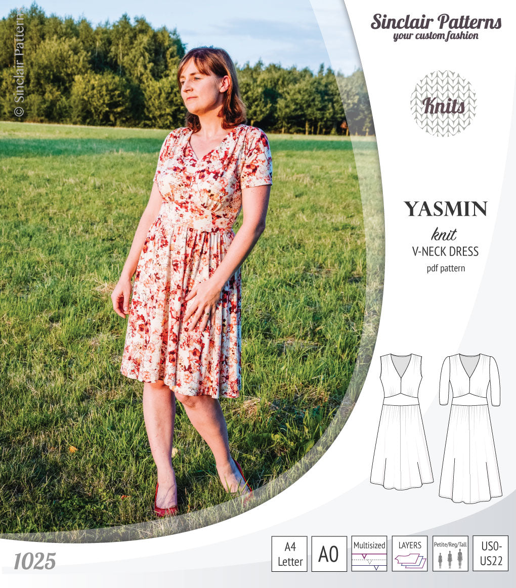 Pdf sewing patterns - S1025 Yasmin knit V neck dress with gathered or flared skirt by Sinclair Patterns 